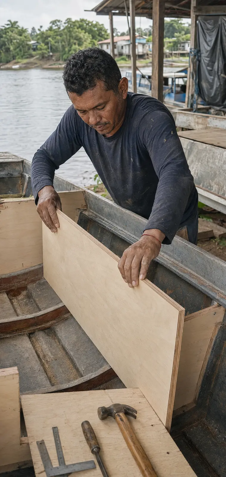 Construtor naval instalando compensado em embarcação amazônica