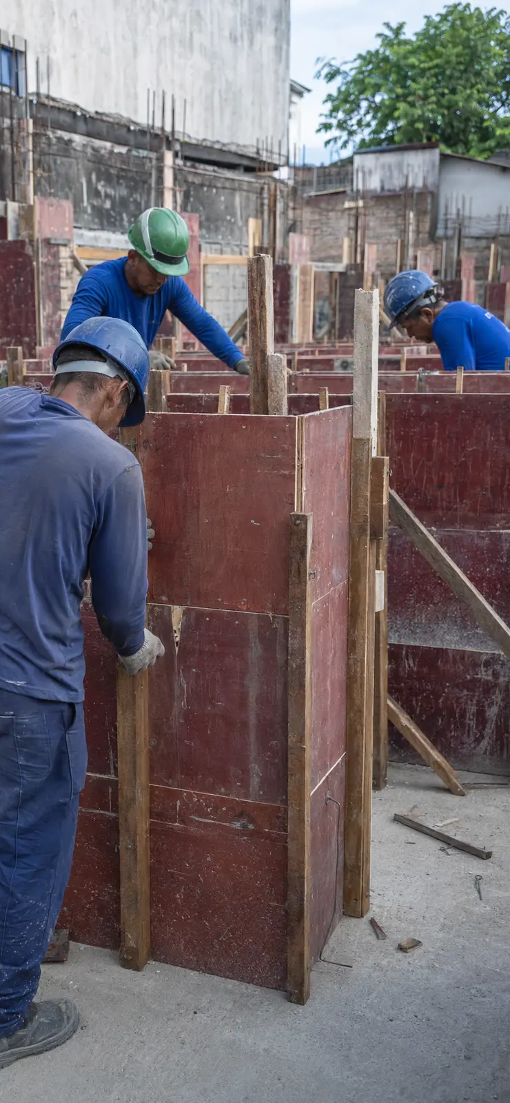 Trabalhadores montando fôrmas de concreto com compensado resinado