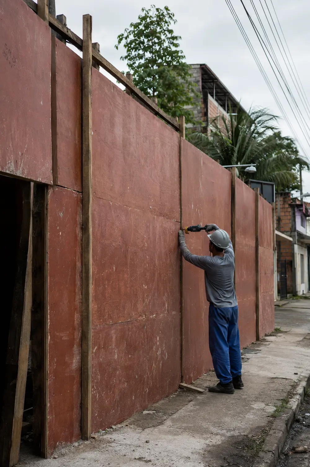 Tapume de obra feito com chapas de compensado resinado